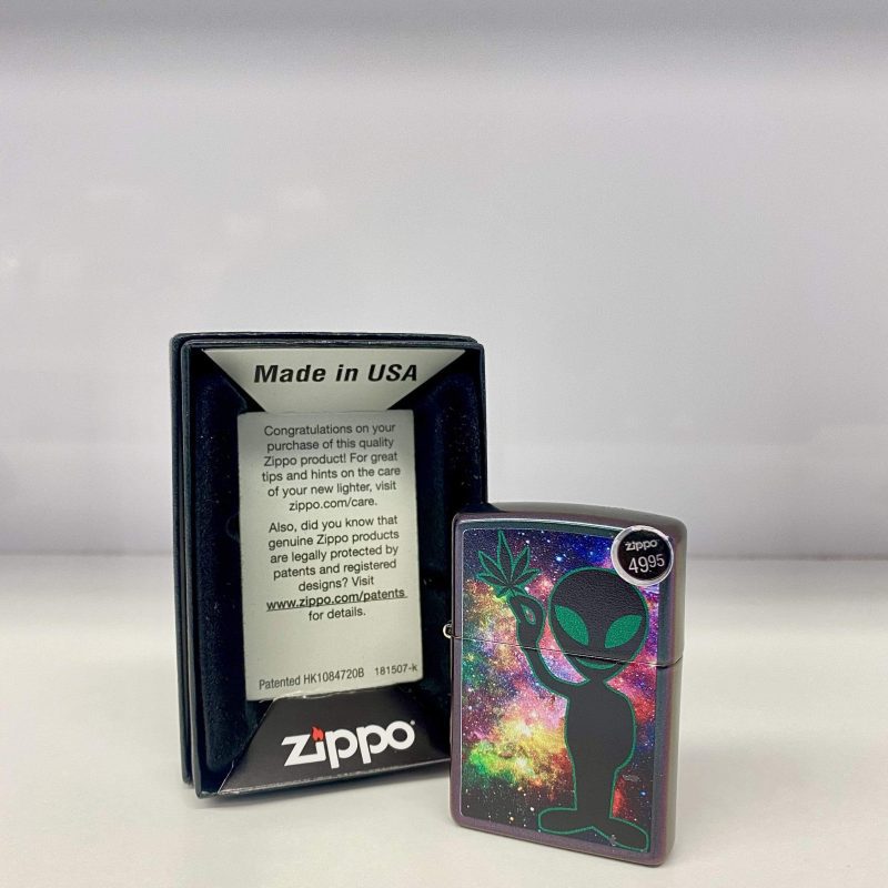 zippo lighter iridescent alien with marijuana leaf case vapexcape vape and bong shop regina saskatchewan 31255251517503